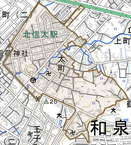 太町とその周辺の地図。町の範囲を重ねている