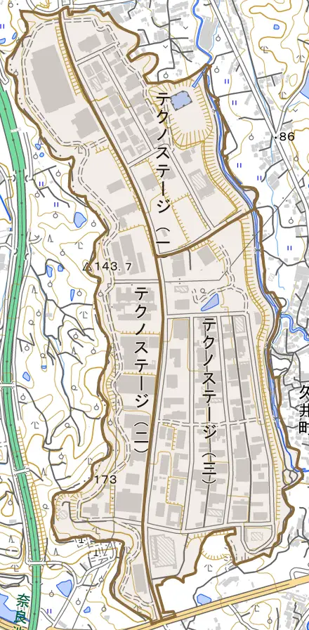 テクノステージとその周辺の地図。町の範囲を重ねている