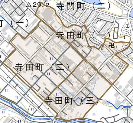 寺田町とその周辺の地図。町の範囲を重ねている