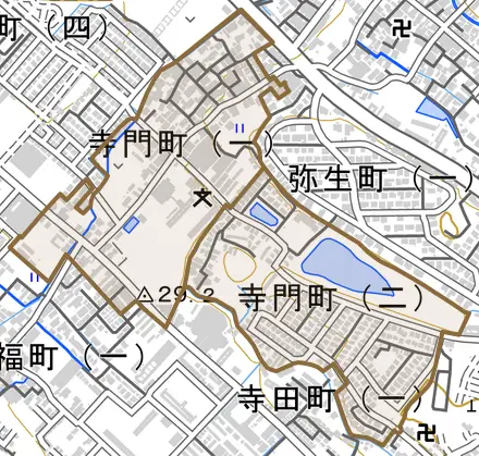 寺門町とその周辺の地図。町の範囲を重ねている