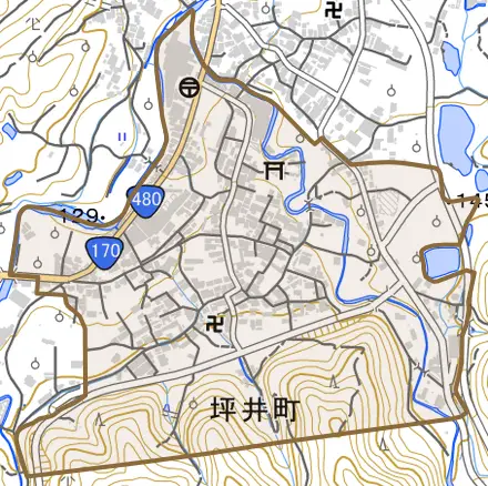 坪井町とその周辺の地図。町の範囲を重ねている