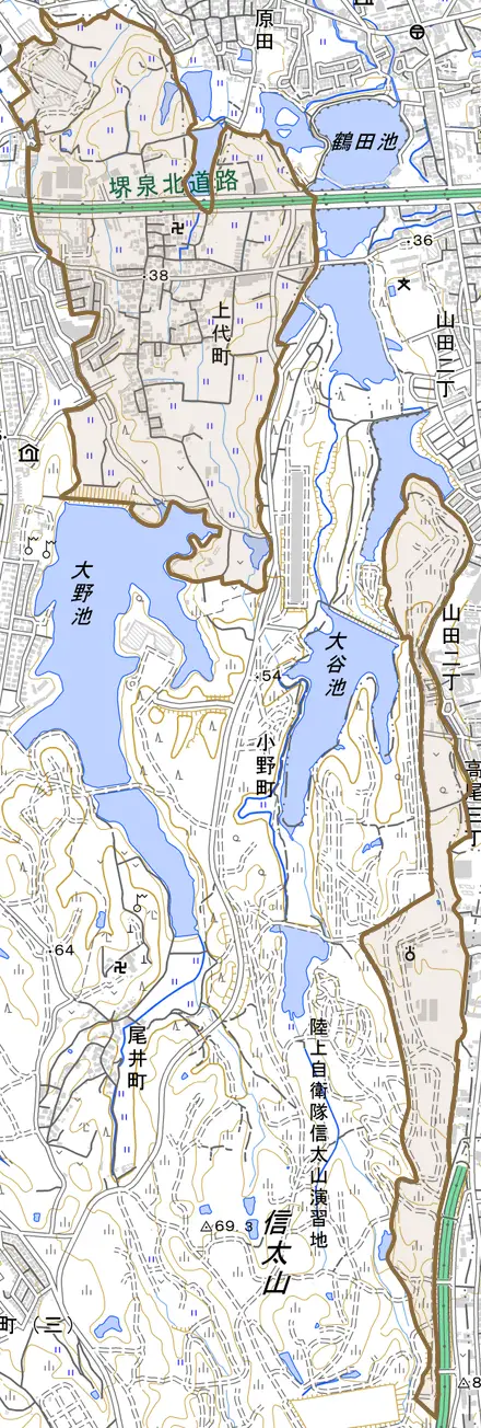 上代町とその周辺の地図。町の範囲を重ねている