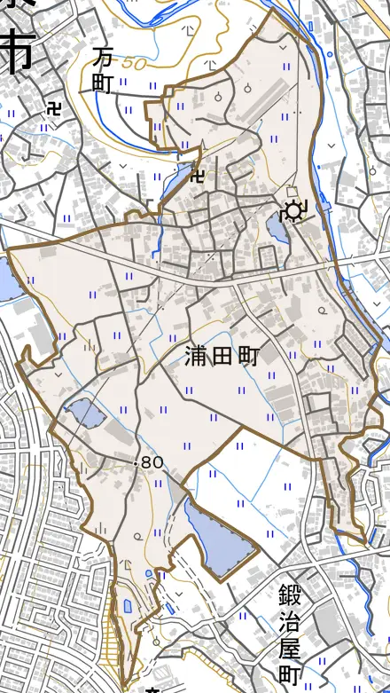 浦田町とその周辺の地図。町の範囲を重ねている
