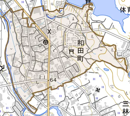 和田町とその周辺の地図。町の範囲を重ねている
