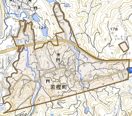若樫町とその周辺の地図。町の範囲を重ねている