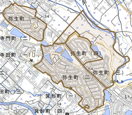 弥生町とその周辺の地図。町の範囲を重ねている
