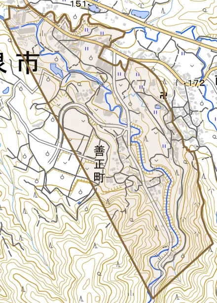 善正町とその周辺の地図。町の範囲を重ねている