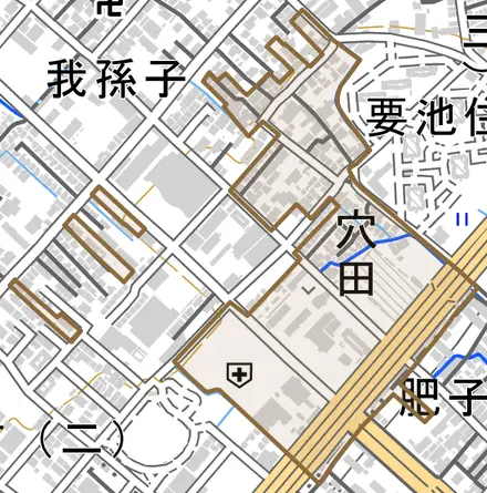 穴田とその周辺の地図。町の範囲を重ねている