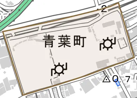 青葉町とその周辺の地図。町の範囲を重ねている