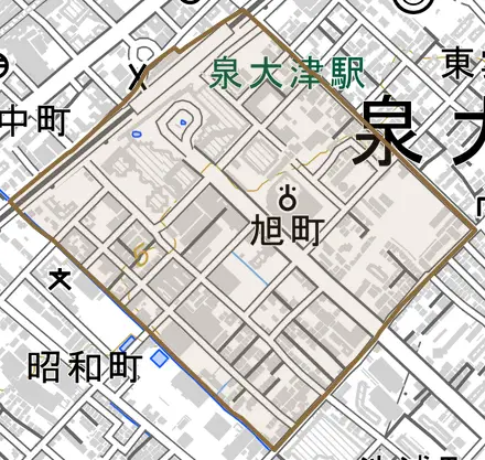 旭町とその周辺の地図。町の範囲を重ねている
