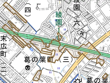 綾井とその周辺の地図。町の範囲を重ねている