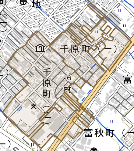 千原町とその周辺の地図。町の範囲を重ねている