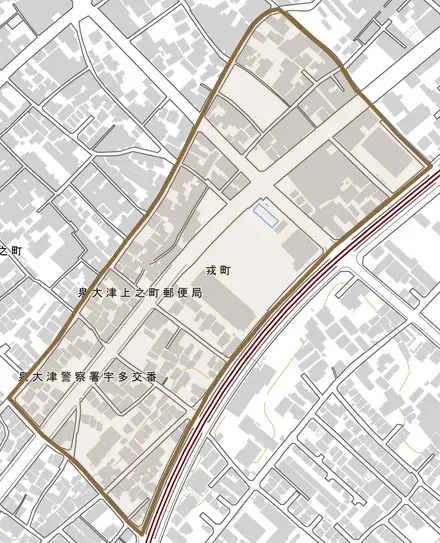 戎町とその周辺の地図。町の範囲を重ねている