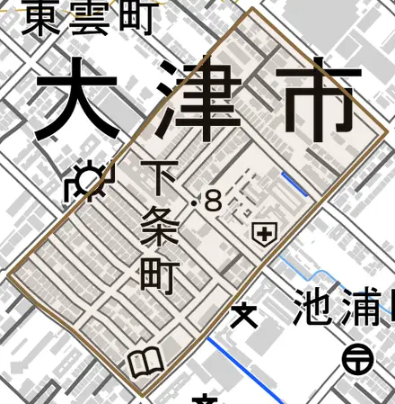 下条町とその周辺の地図。町の範囲を重ねている