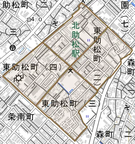 東助松町とその周辺の地図。町の範囲を重ねている