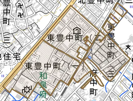 東豊中町とその周辺の地図。町の範囲を重ねている