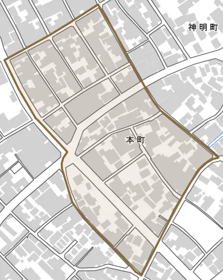 本町とその周辺の地図。町の範囲を重ねている