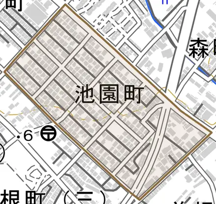 池園町とその周辺の地図。町の範囲を重ねている