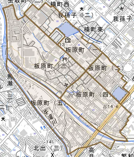 板原町とその周辺の地図。町の範囲を重ねている