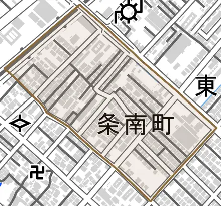 条南町とその周辺の地図。町の範囲を重ねている