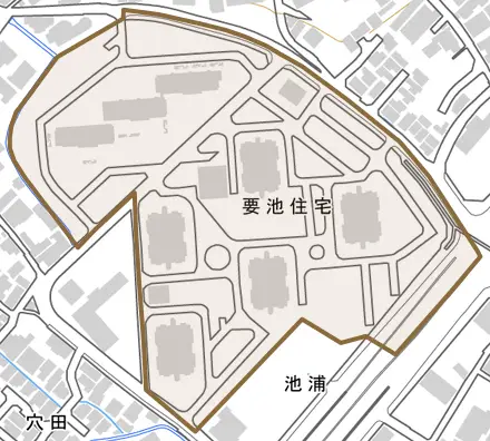 要池住宅とその周辺の地図。町の範囲を重ねている