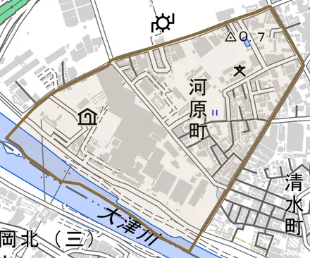 河原町とその周辺の地図。町の範囲を重ねている
