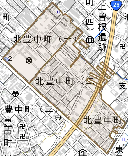 北豊中町とその周辺の地図。町の範囲を重ねている
