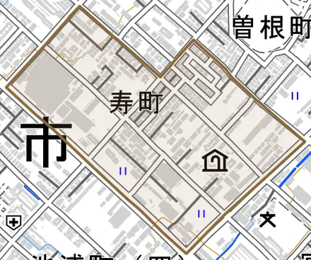 寿町とその周辺の地図。町の範囲を重ねている