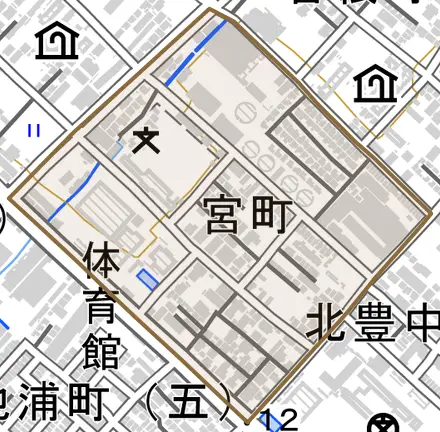 宮町とその周辺の地図。町の範囲を重ねている
