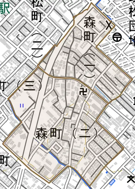 森町とその周辺の地図。町の範囲を重ねている
