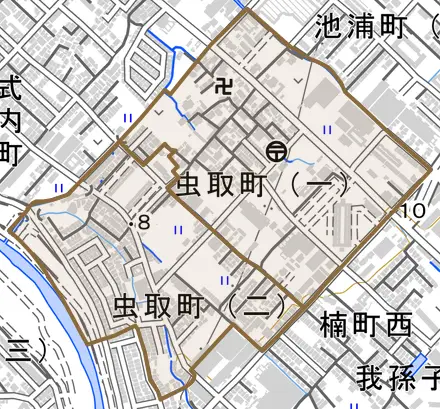 虫取町とその周辺の地図。町の範囲を重ねている