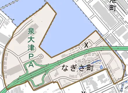 なぎさ町とその周辺の地図。町の範囲を重ねている