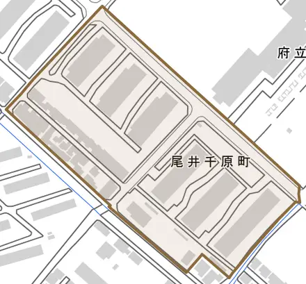 尾井千原町とその周辺の地図。町の範囲を重ねている