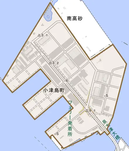 小津島町とその周辺の地図。町の範囲を重ねている