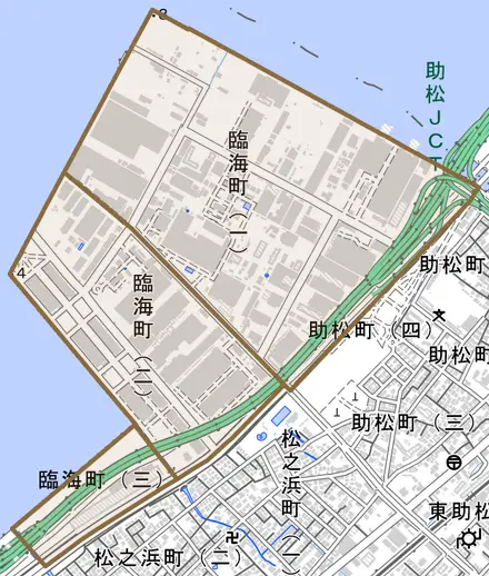臨海町とその周辺の地図。町の範囲を重ねている