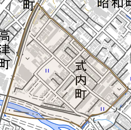 式内町とその周辺の地図。町の範囲を重ねている
