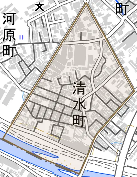 清水町とその周辺の地図。町の範囲を重ねている