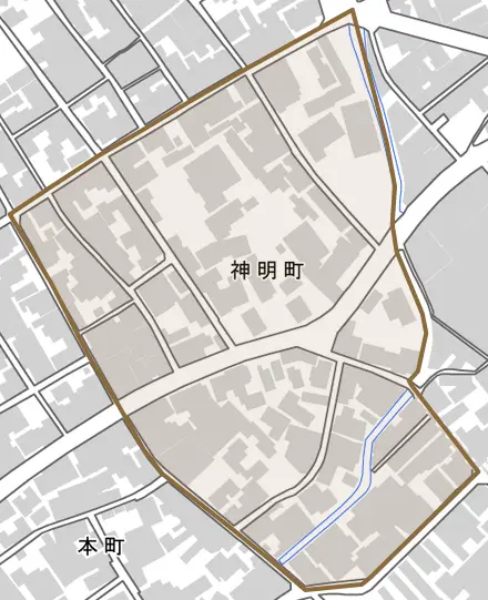 神明町とその周辺の地図。町の範囲を重ねている