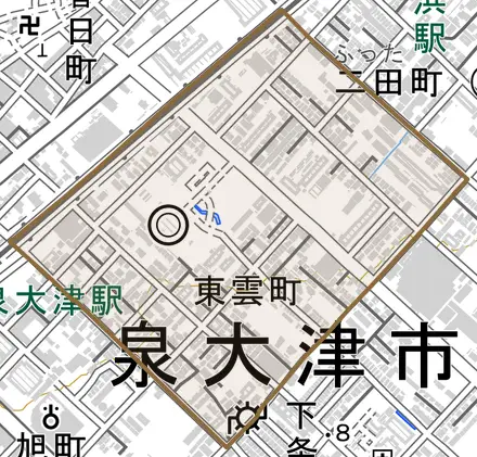 東雲町とその周辺の地図。町の範囲を重ねている