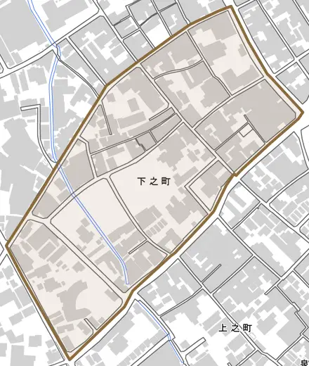 下之町とその周辺の地図。町の範囲を重ねている