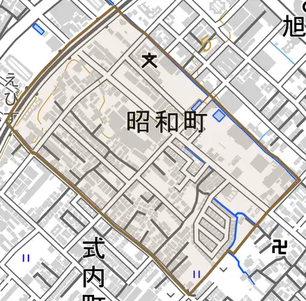 昭和町とその周辺の地図。町の範囲を重ねている