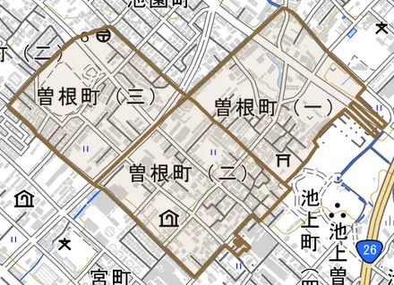 曽根町とその周辺の地図。町の範囲を重ねている