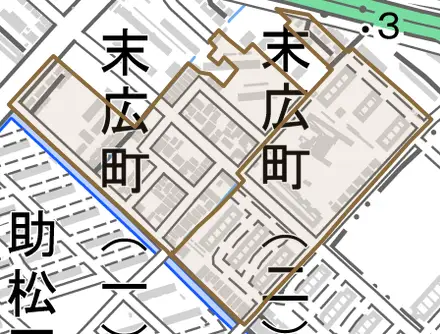 末広町とその周辺の地図。町の範囲を重ねている