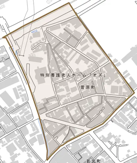 菅原町とその周辺の地図。町の範囲を重ねている