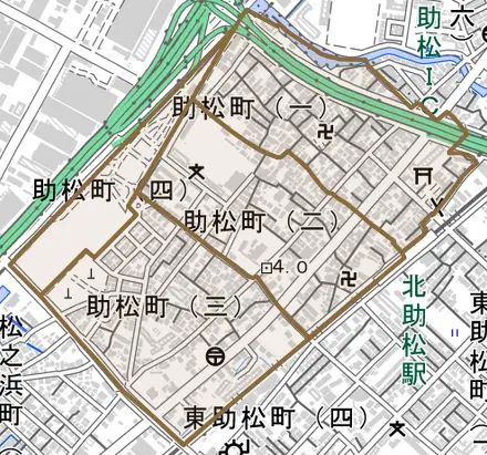 助松町とその周辺の地図。町の範囲を重ねている