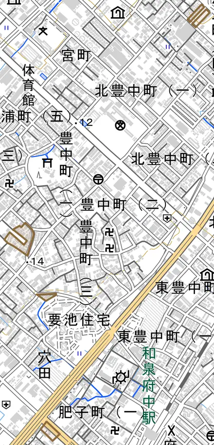 豊中とその周辺の地図。町の範囲を重ねている
