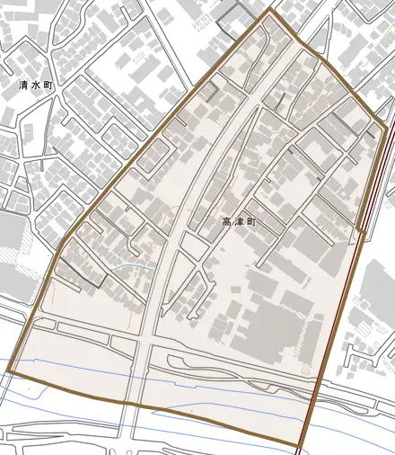 高津町とその周辺の地図。町の範囲を重ねている