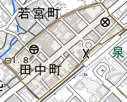 田中町とその周辺の地図。町の範囲を重ねている