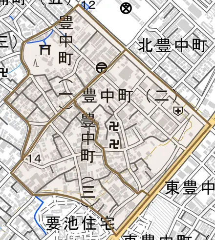 豊中町とその周辺の地図。町の範囲を重ねている