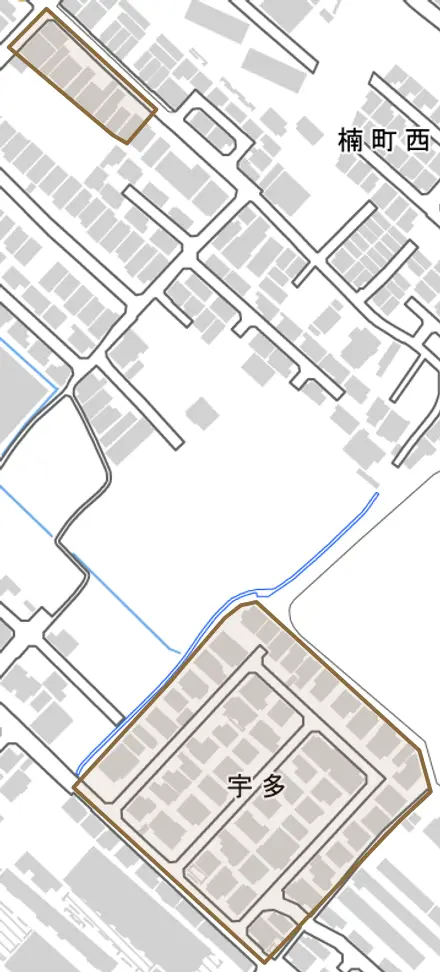 宇多とその周辺の地図。町の範囲を重ねている
